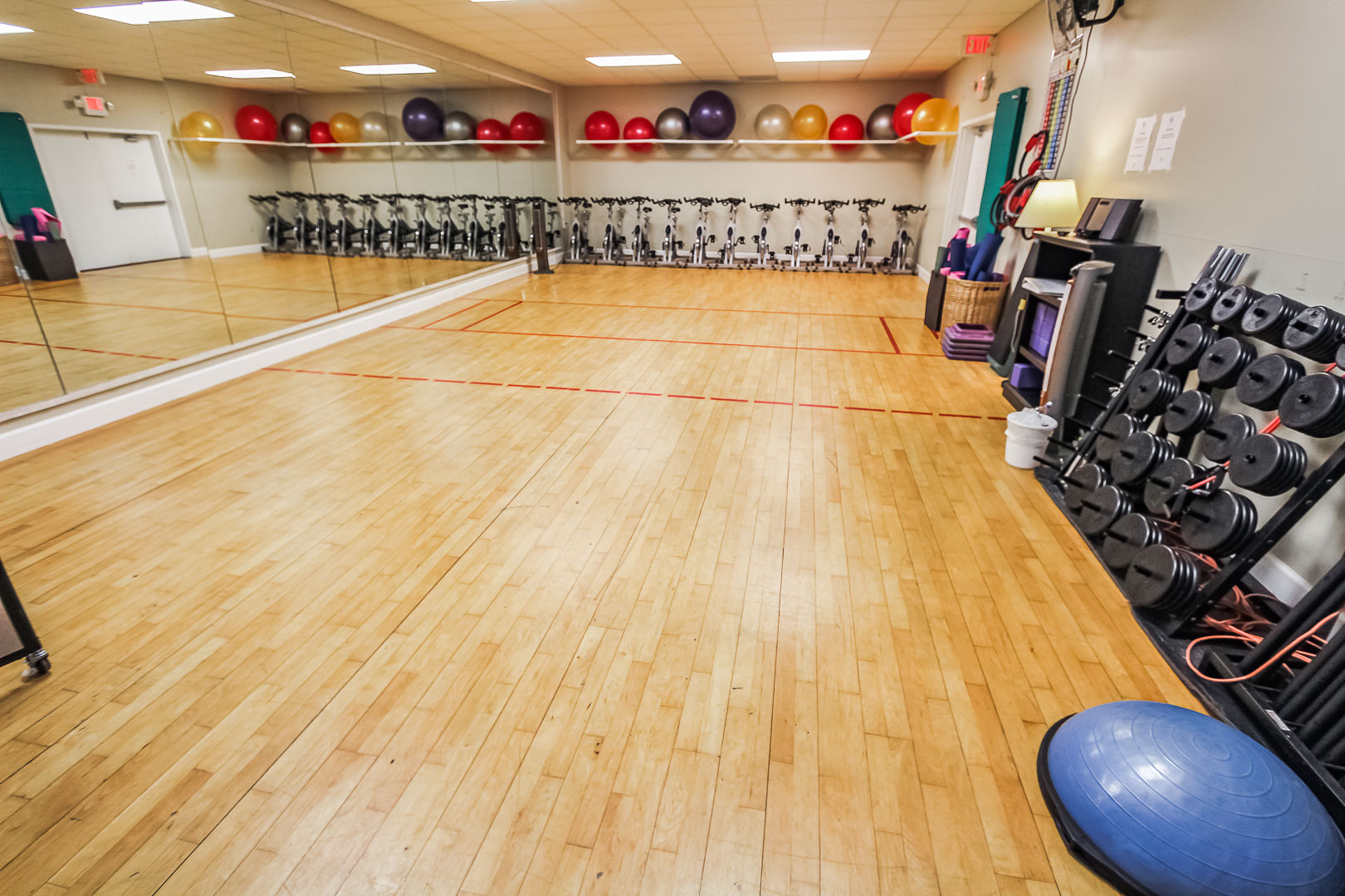 A spacious indoor aerobics room at VRI's Players Club Resort in Hilton Head Island, South Carolina.